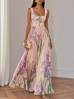 2026 Spring Summer Women's Fashion Strap Digital Print Pleated Floral Long Dress Sleeveless Square Neck High Waist Spring Summer