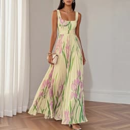 2026 Spring Summer Women's Fashion Strap Digital Print Pleated Floral Long Dress Sleeveless Square Neck High Waist Spring Summer