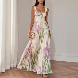 2026 Spring Summer Women's Fashion Strap Digital Print Pleated Floral Long Dress Sleeveless Square Neck High Waist Spring Summer
