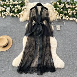 Sexy Long Coats for Women Vintage Lace Sheer Lace-up V-neck Long Sleeve Female Elegant Cardigans Aesthetic Clothes Dropshipping