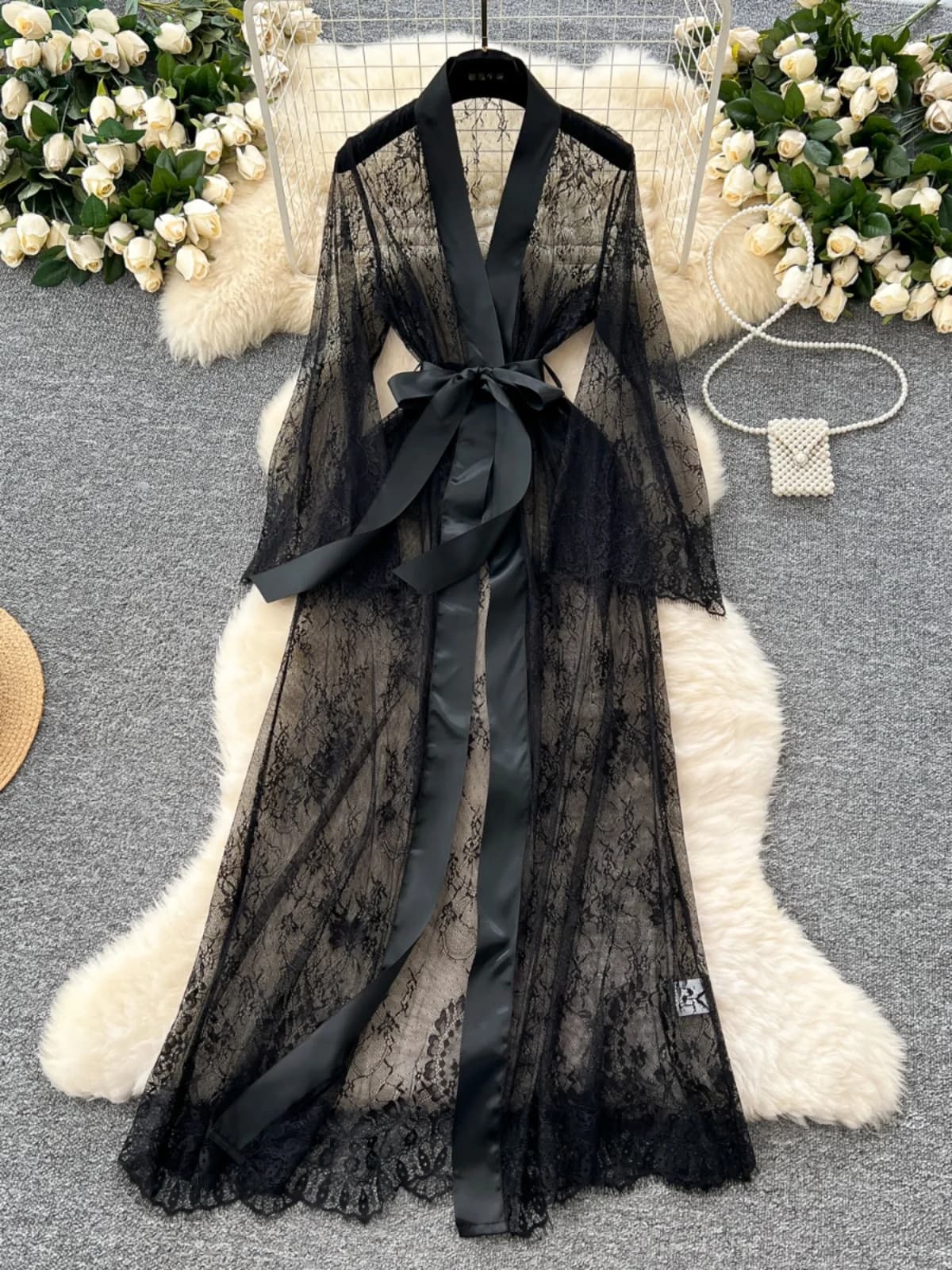Sexy Long Coats for Women Vintage Lace Sheer Lace-up V-neck Long Sleeve Female Elegant Cardigans Aesthetic Clothes Dropshipping