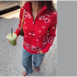 Fashion Knit Printed Sweater Women's Stand Collar Long Sleeve Zippers Vintage Style Cardigan 2026 Autumn New Lady Casual Top 