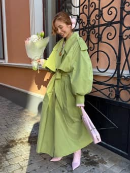 Women Green Oversized Belt Overcoat Elegant Long Sleeve Pleated Lapel Lace Up Windbreaker Autumn Lady Daily Street Outerwear