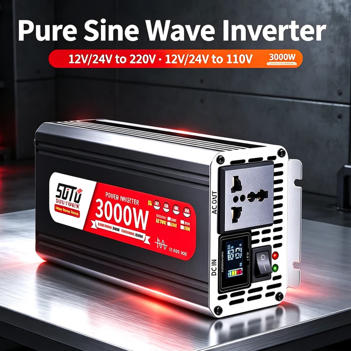Pure Sine Wave Inverter 3000W 12V24V to 220V 50Hz to 110V 60Hz Car Home Battery Solar Power Converter Universal Socket