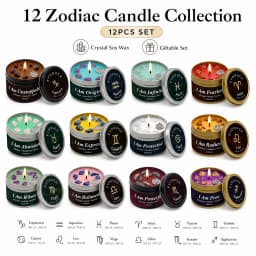 12 Zodiac Candles Set Astrology Scented Soy Candles with Healing Crystal Gemstones 3oz Tin Affirmation Meditation Gift for Women