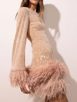 Sparkling sequin backless dress for fashion parties summer sexy dress casual daily O collar feather long sleeved short skirt