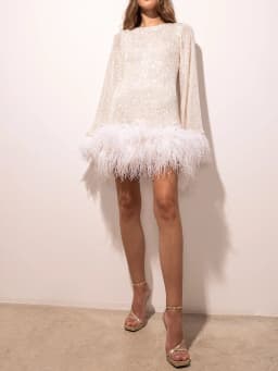 Sparkling sequin backless dress for fashion parties summer sexy dress casual daily O collar feather long sleeved short skirt