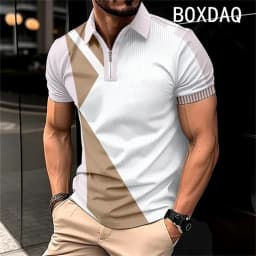 Men's Summer Short Sleeve Lapel Zipper Collar Polo Shirt Fashion Minimalist Casual Polo Shirt 3D Color Splicing Polo Shirt Tops
