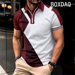 Men's Summer Short Sleeve Lapel Zipper Collar Polo Shirt Fashion Minimalist Casual Polo Shirt 3D Color Splicing Polo Shirt Tops