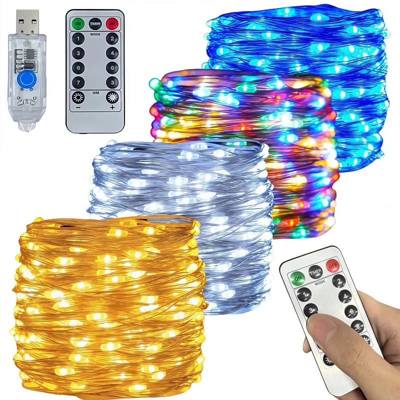 5M/10M/20M/30M USB 8Modes Remote Copper Wire LED Waterproof String Fairy Light for Xmas Party New Year Christmas Decoration