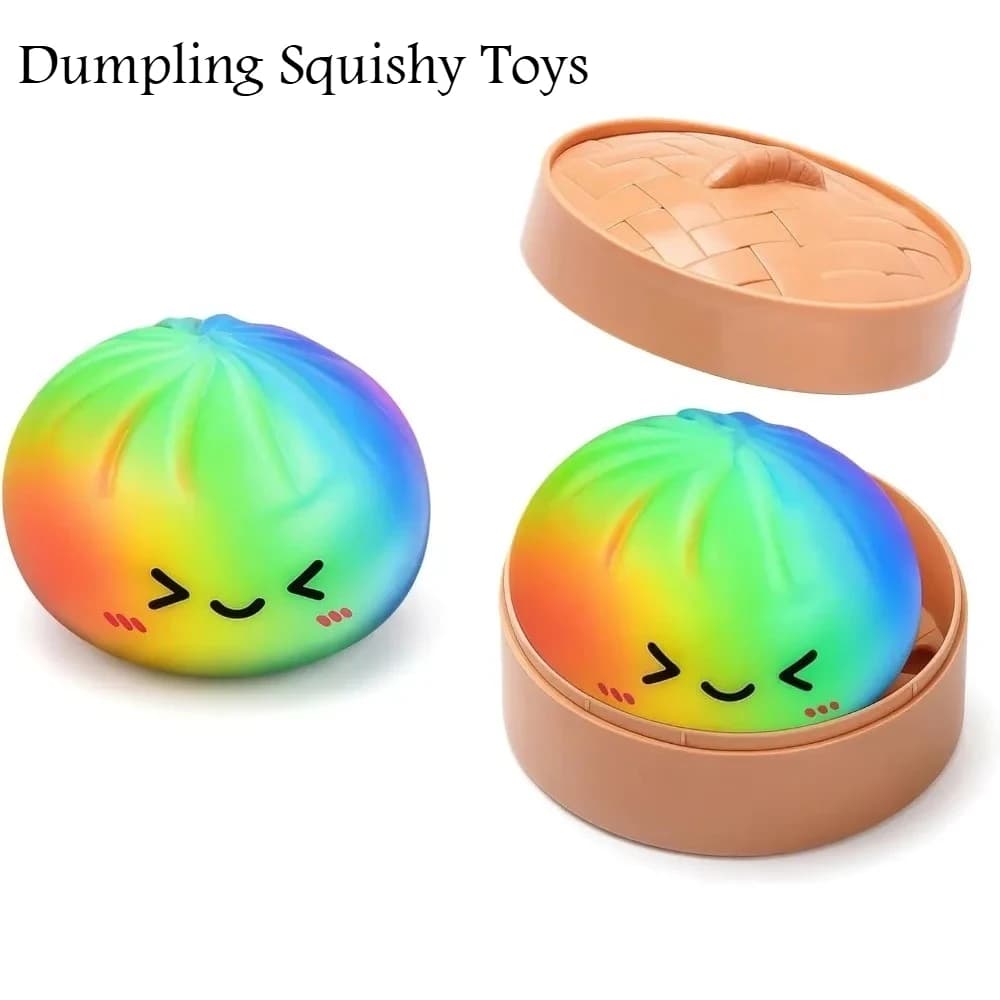 Rainbow Dumpling Squishy Toy TPR Slow Rising Stress Reliever Fidget Ball with Steamer Basket Squeeze Toys Gift for Adult
