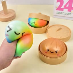Rainbow Dumpling Squishy Toy TPR Slow Rising Stress Reliever Fidget Ball with Steamer Basket Squeeze Toys Gift for Adult