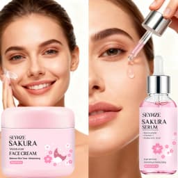 SEYHZE Sakura Collagen Essence + Moisturizing Cream Facial Care Set - 2pcs Packed with Collagen Peptides Vitamin C/E Aloe Niacin