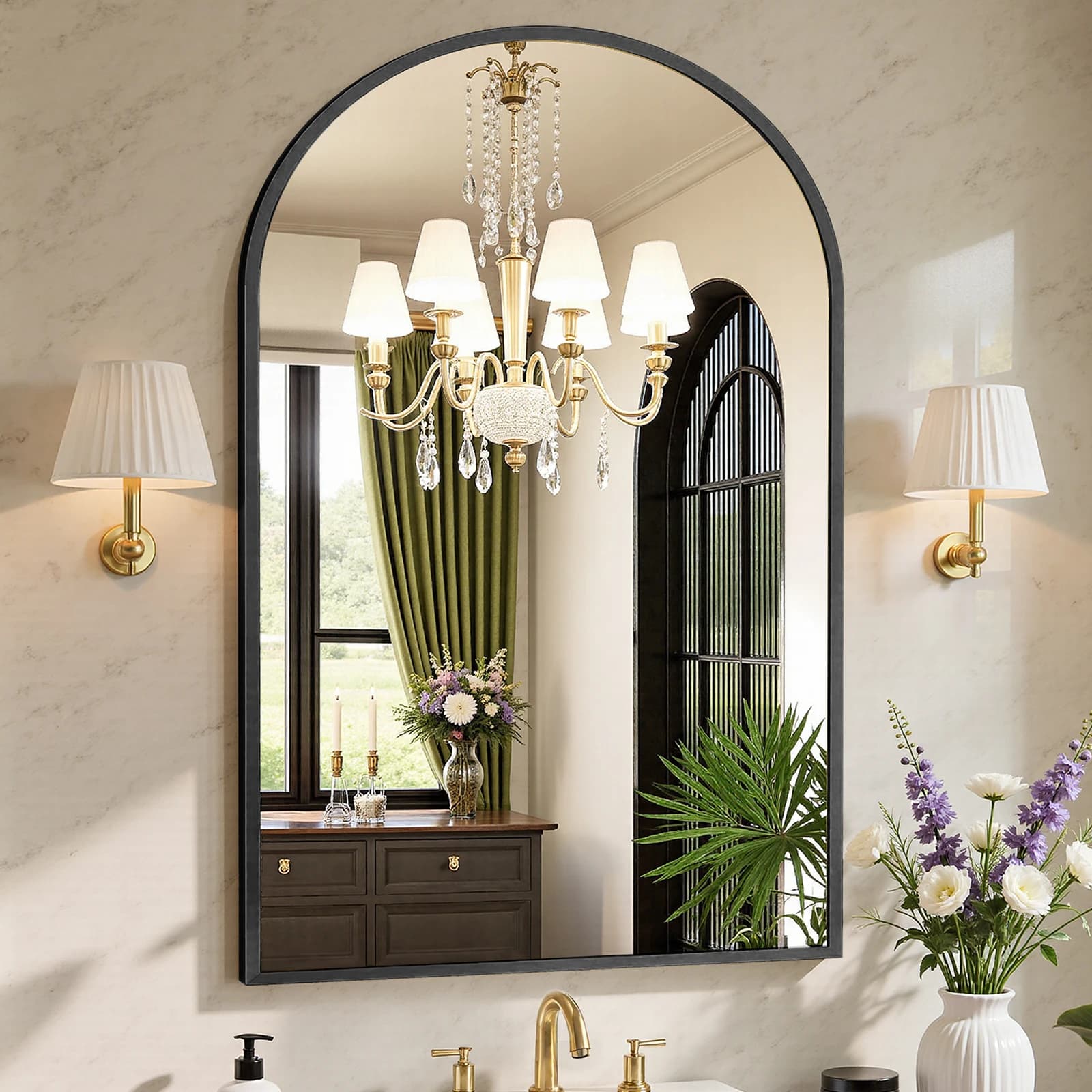 MCQ Arched Bathroom Mirror or Over Sink Wall Mounted Aluminum Alloy Frame Mirror Horizontal or Vertical Hanging Modern Wall Mount Vanity Mirror for Home