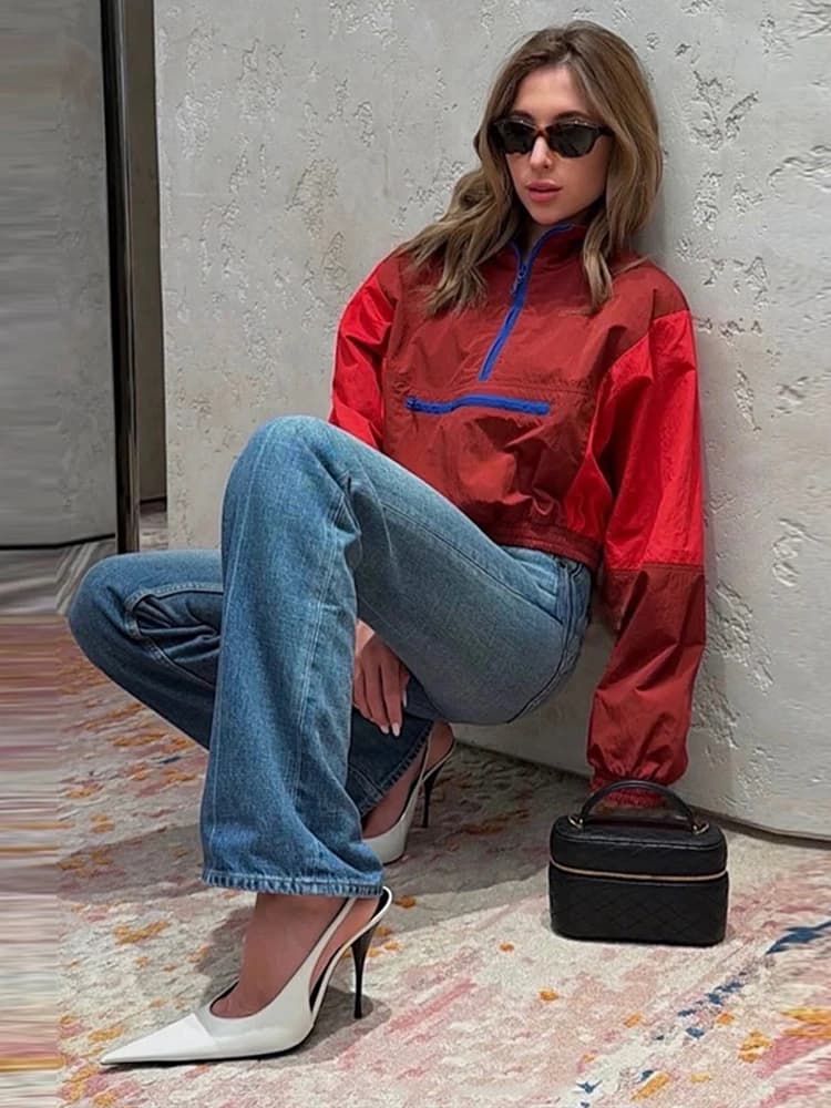 Contrast Color Fashion Wind Jacket Turn Down Collar Zipper Elastic Cuff Hem Long Sleeve Windproof Coat 2026 Autumn Women Coats