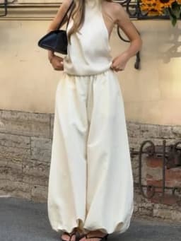 Women's Wide Leg Pants Casual Baggy Balloon Pants Solid Color Elastic Waist Loose Lantern Trousers with Pockets