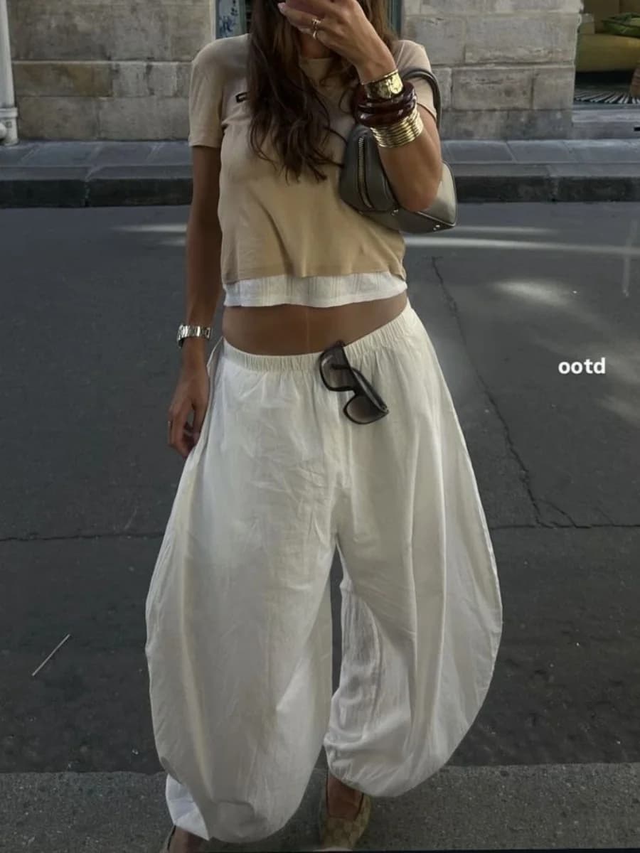 Women's Wide Leg Pants Casual Baggy Balloon Pants Solid Color Elastic Waist Loose Lantern Trousers with Pockets