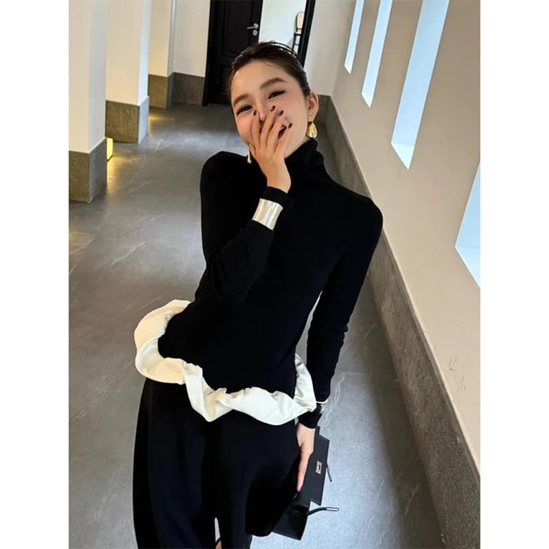 Vintage Black Turtleneck Sweater Women Ruffles Patchwork Knitted Pullovers Korean Elegant Knitwears Autumn Winter Design Jumpers