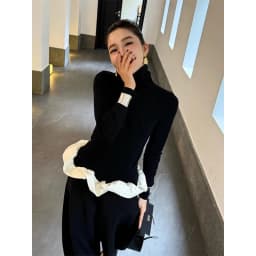 Vintage Black Turtleneck Sweater Women Ruffles Patchwork Knitted Pullovers Korean Elegant Knitwears Autumn Winter Design Jumpers