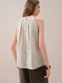 FSLE【Premium Series】2026 Summer Women's Striped Embroidered Sleeveless Blouse - Vacation Elegance Collection for Resort