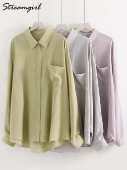 Linen Blue Button Down Shirt For Women Luxury Oversize Tops Summer Long Sleeve Basic Thin Women's White Linen Shirts Ladies Pink