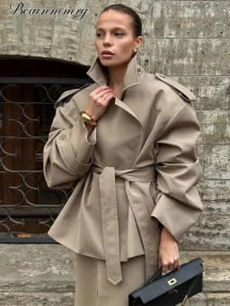 Solid Laepl Lace Up Trench Coat Women Fashion Full Sleeve Waist Cinching Short Windbreak 2026 New Autumn Office Commute Outwear
