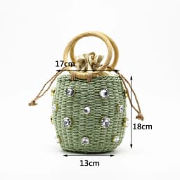 Handmade Rhinestone Crystal Embellished Straw Bag Small Bucket Lady Travel Purses and Handbags