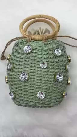 Handmade Rhinestone Crystal Embellished Straw Bag Small Bucket Lady Travel Purses and Handbags