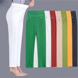 Plus Size Casual Women Elastic Basics Pencil Pants Straight Trousers OL Candy Colors High Waist Ankle-Length Pants Middle-aged