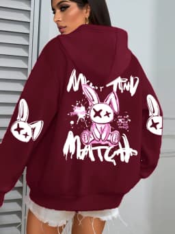 Mix And Match Cartoon Rabbit Prints Women Hoodie Pocket Streetwear Harajuku Loose Hoody All-Match Fleece Female Clothing