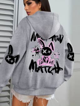 Mix And Match Cartoon Rabbit Prints Women Hoodie Pocket Streetwear Harajuku Loose Hoody All-Match Fleece Female Clothing