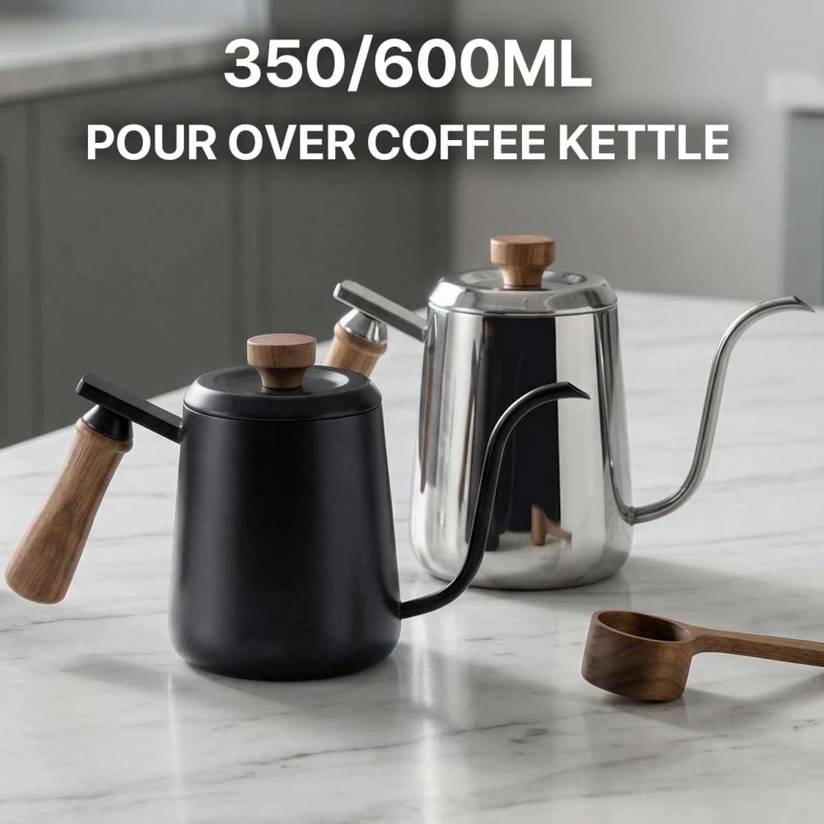 350/600ml Stainless Steel Drip Coffee Pot  Nonstick Gooseneck Drip Coffee Pot Wooden Handle Coffee Pot with Thermometer