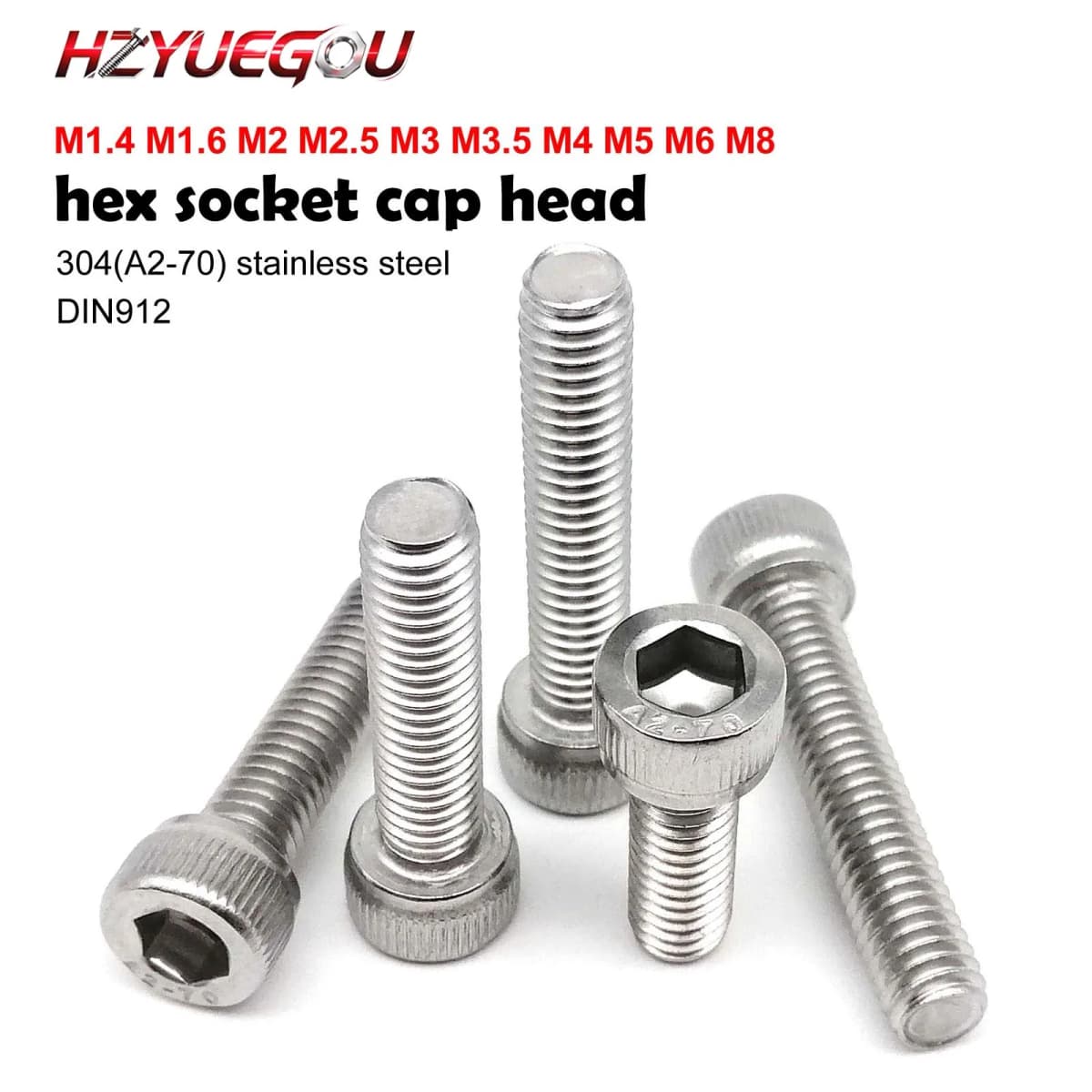 HZYUEGOU M1.4 M1.6 M2 M3 M3.5 M4 M5 M6 M8 304 A2 Stainless Steel DIN912 Hexagon Hex Socket Cap Allen Head Bolt Screw Long 2-80mm