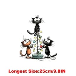 25CM Whimsical Christmas Black Cats Friends Heat Transfer Patches For Clothes DIY A-Level Washable Shirt Iron-on Thermal Sticker