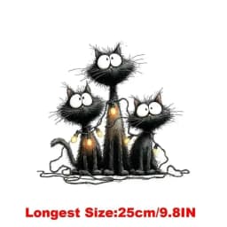25CM Whimsical Christmas Black Cats Friends Heat Transfer Patches For Clothes DIY A-Level Washable Shirt Iron-on Thermal Sticker