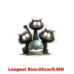 25CM Whimsical Christmas Black Cats Friends Heat Transfer Patches For Clothes DIY A-Level Washable Shirt Iron-on Thermal Sticker