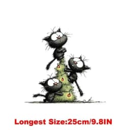 25CM Whimsical Christmas Black Cats Friends Heat Transfer Patches For Clothes DIY A-Level Washable Shirt Iron-on Thermal Sticker