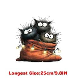 25CM Whimsical Christmas Black Cats Friends Heat Transfer Patches For Clothes DIY A-Level Washable Shirt Iron-on Thermal Sticker