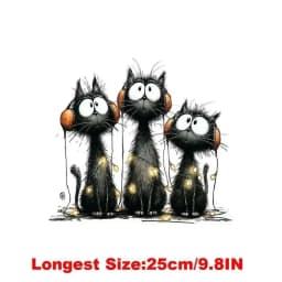 25CM Whimsical Christmas Black Cats Friends Heat Transfer Patches For Clothes DIY A-Level Washable Shirt Iron-on Thermal Sticker