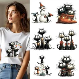 25CM Whimsical Christmas Black Cats Friends Heat Transfer Patches For Clothes DIY A-Level Washable Shirt Iron-on Thermal Sticker
