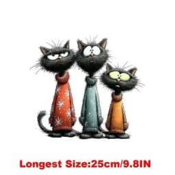 25CM Whimsical Christmas Black Cats Friends Heat Transfer Patches For Clothes DIY A-Level Washable Shirt Iron-on Thermal Sticker