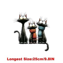 25CM Whimsical Christmas Black Cats Friends Heat Transfer Patches For Clothes DIY A-Level Washable Shirt Iron-on Thermal Sticker