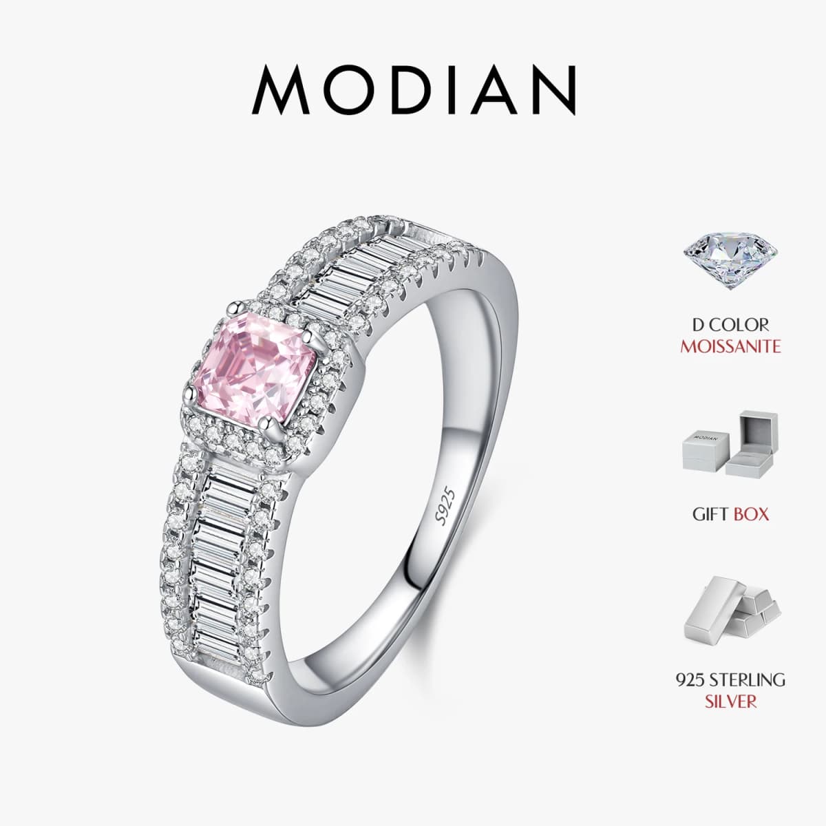 MODIAN 0.4CT Light Pink Moissanite Ring 925 Sterling Silver Luxury Asscher Cut Lab Diamond Finger Ring For Women Fine Jewelry