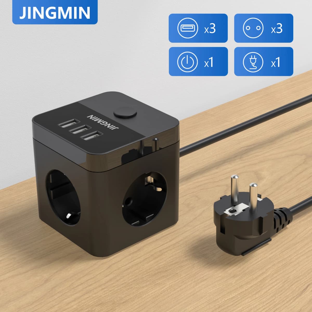 ANRMESUN Cube Extension Socket with Switch Power Strip with 1.5M Copper Cable 3 AC Outlets 3 USB Ports Home Office Power Adapter