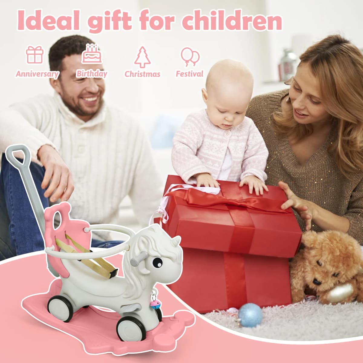 2 in 1 Toddler Rocking Horse, Unicorn Kids Ride On Toy with Safety Guardrail, Seat Belt & Wheels, Indoor Outdoor Play Gift for Boys Girls Ages 1-3