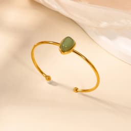 Stainless Steel Green Oval Stone Bracelet for Women Gold-plated Open Bangle Vintage Bohemian Jewelry Holiday Beach Party Gift