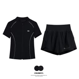 DRUR Breathable Gym Clothes for Women 2 Piece Summer Workout Sets Full Zip Sports Tops with Elastic Waist Shorts Active Wear New