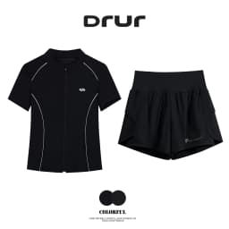 DRUR Breathable Gym Clothes for Women 2 Piece Summer Workout Sets Full Zip Sports Tops with Elastic Waist Shorts Active Wear New