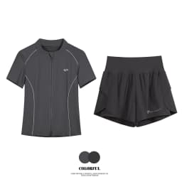 DRUR Breathable Gym Clothes for Women 2 Piece Summer Workout Sets Full Zip Sports Tops with Elastic Waist Shorts Active Wear New
