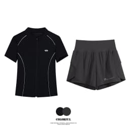 DRUR Breathable Gym Clothes for Women 2 Piece Summer Workout Sets Full Zip Sports Tops with Elastic Waist Shorts Active Wear New
